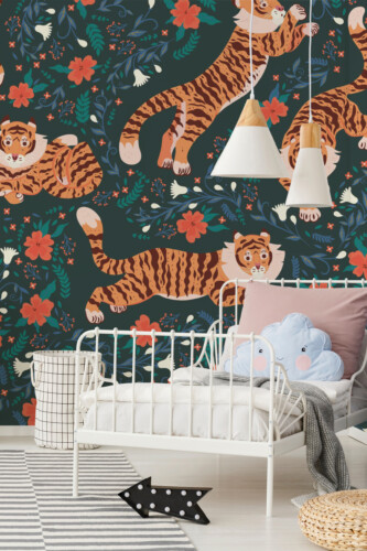 Tiger Floral Paradise peel and stick wallpaper with floral tiger pattern and texture imitation, ideal for boho kids room design