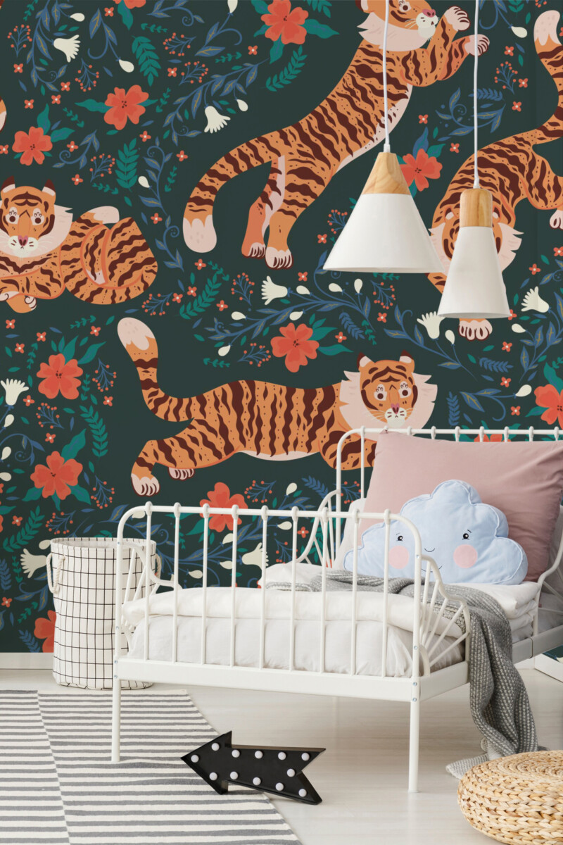 Tiger Floral Paradise peel and stick wallpaper with floral tiger pattern and texture imitation, ideal for boho kids room design