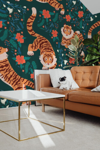 Tiger Floral Paradise traditional non-pasted wall mural featuring boho tiger and floral pattern, adding warm style to nursery or kids room
