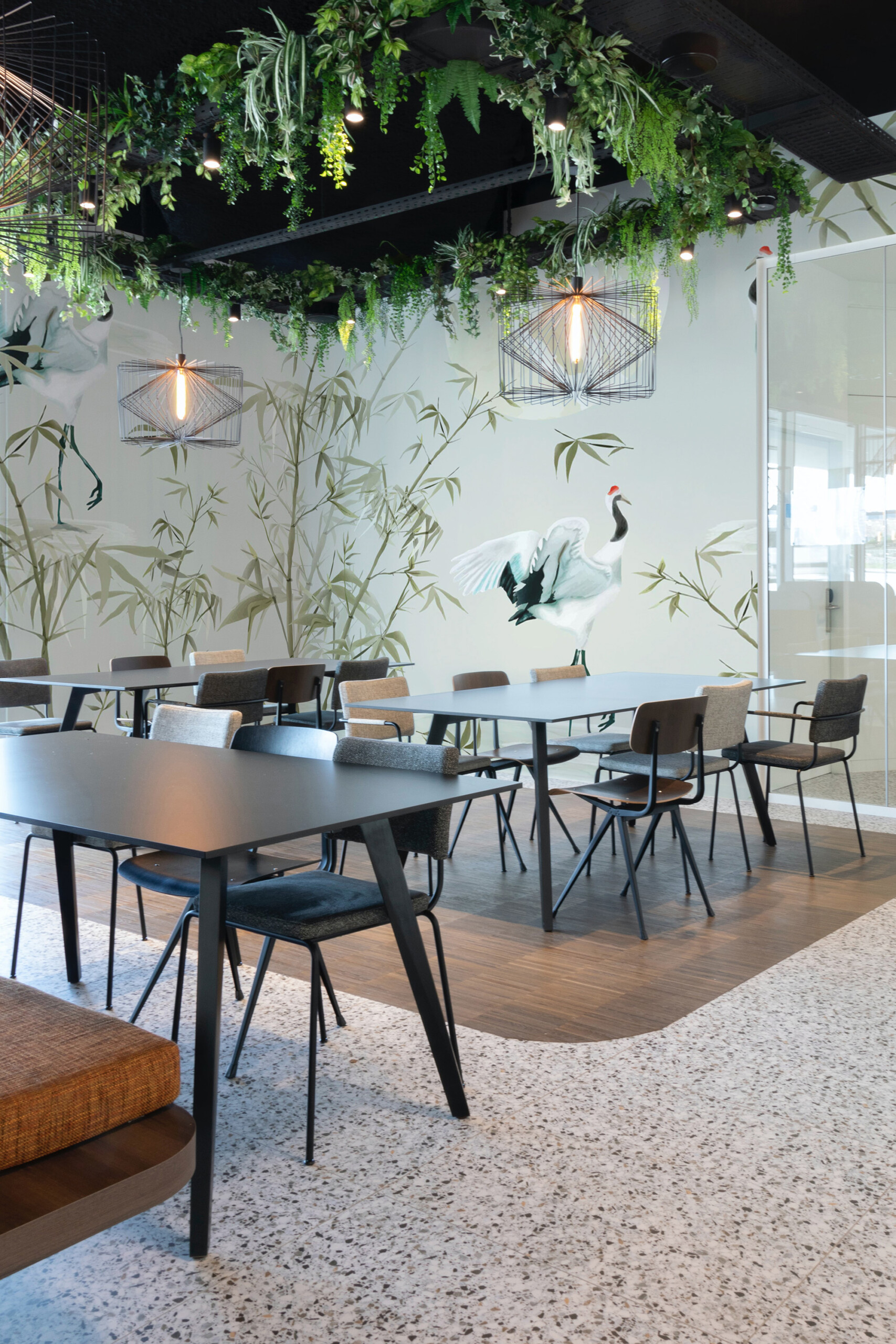 Tranquil Bamboo Crane Scene peel and stick wallpaper with soft chinoiserie nature scene and cranes, ideal for peaceful bedroom design