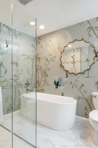 Tranquil Bamboo Crane Scene peel and stick wall mural with cranes and bamboo in soft chinoiserie style, perfect for bedroom décor