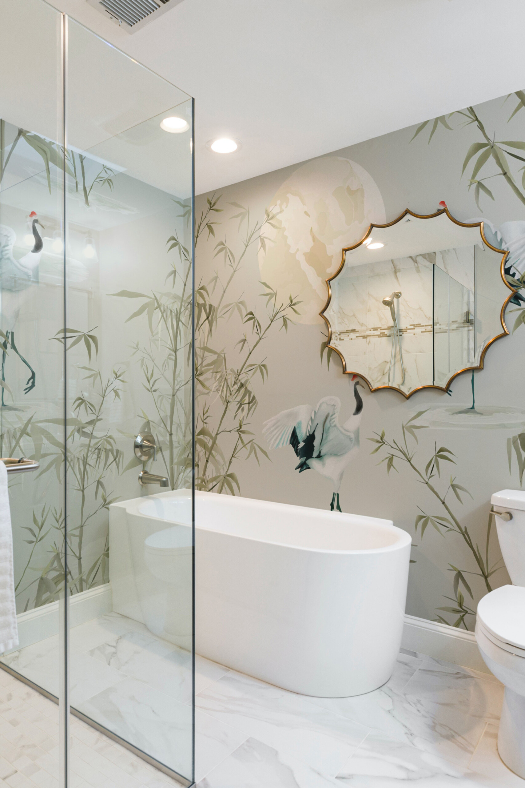 Tranquil Bamboo Crane Scene peel and stick wall mural with cranes and bamboo in soft chinoiserie style, perfect for bedroom décor