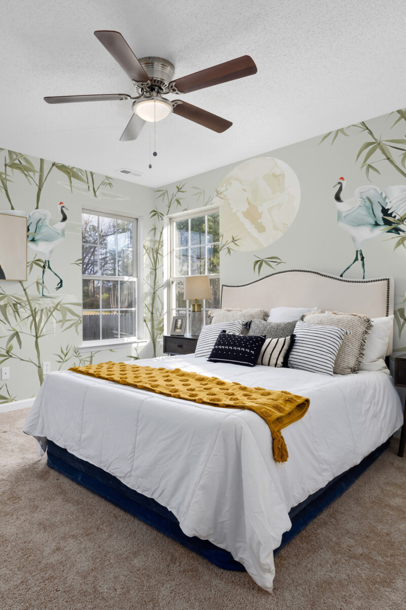 Tranquil Bamboo Crane Scene traditional non-pasted wall mural featuring minimal crane and bamboo landscape, ideal for calm bedroom interior