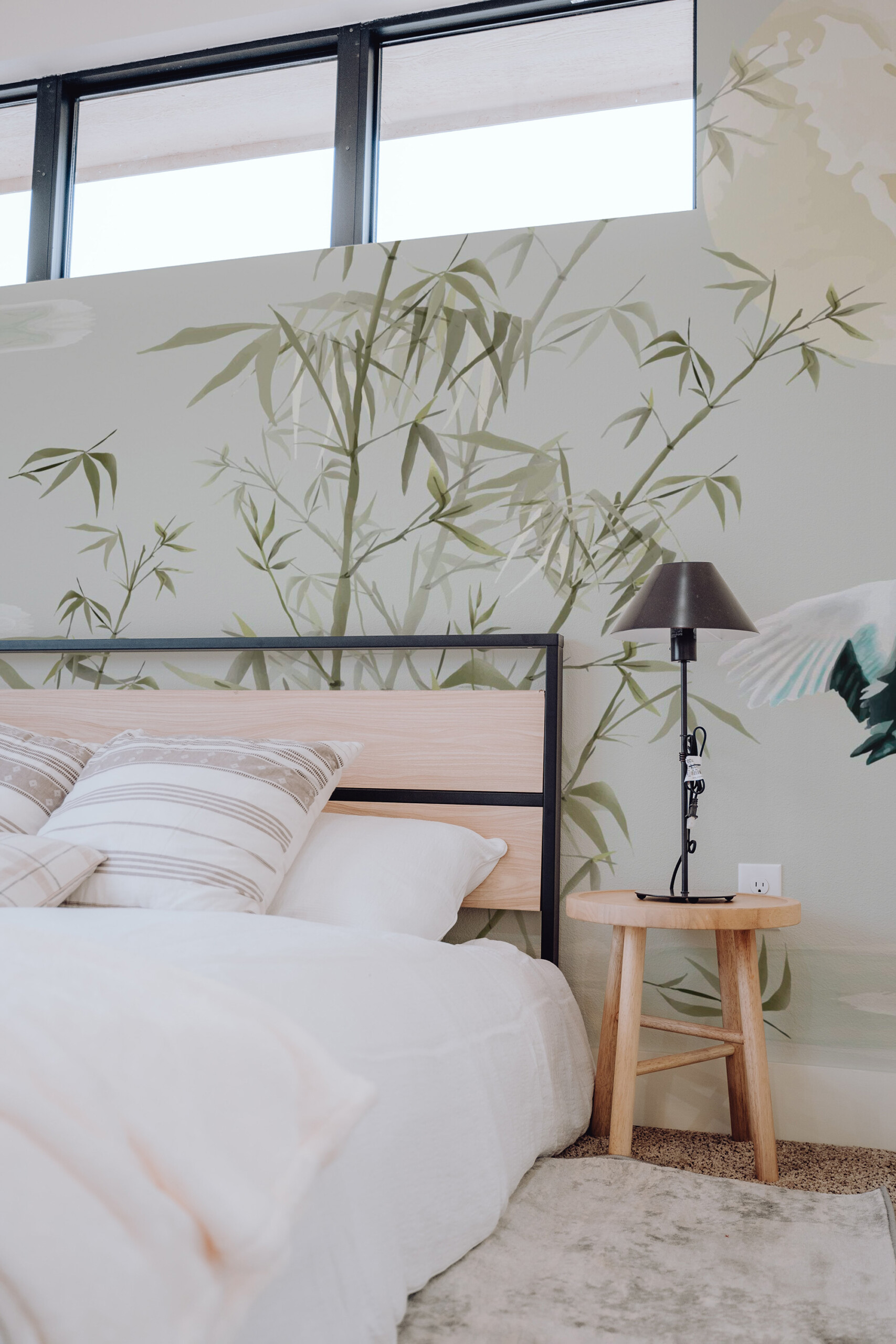 Tranquil Bamboo Crane Scene removable wall mural with elegant cranes in serene pond setting and bamboo details, perfect for bedroom