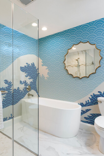 Tranquil Chinoiserie Wave traditional non-pasted wall mural featuring stylized wave and Asian pattern, adding calm spa style to bathroom