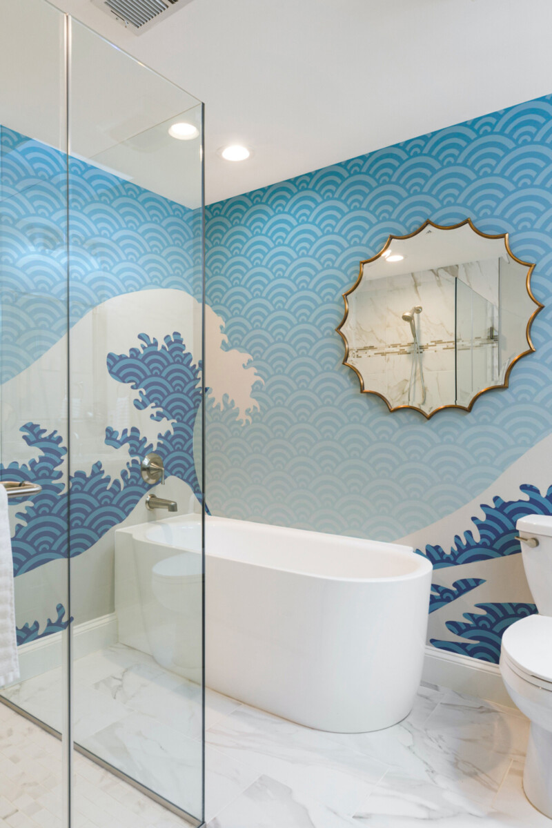 Tranquil Chinoiserie Wave traditional non-pasted wall mural featuring stylized wave and Asian pattern, adding calm spa style to bathroom
