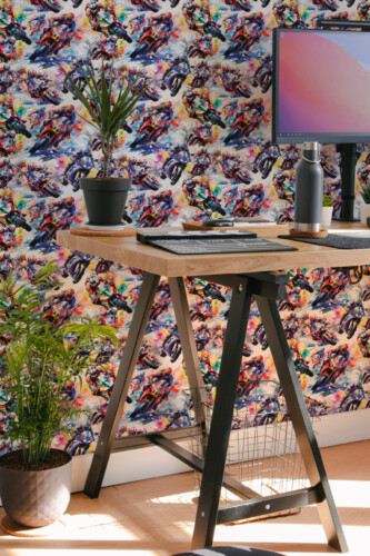 Vibrant Moto Racing traditional non-pasted wallpaper with energetic motorcycle pattern and artistic splashes, perfect for gaming space