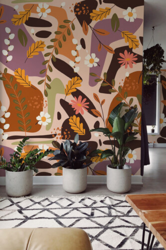 Warm Boho Floral Shapes peel and stick wall mural with abstract organic shapes and earthy florals, creating cozy living room décor