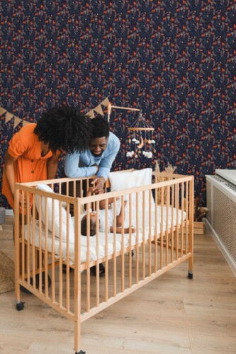 Whimsical Forest by Fancy Walls peel and stick wallpaper in deep blue with detailed woodland animals