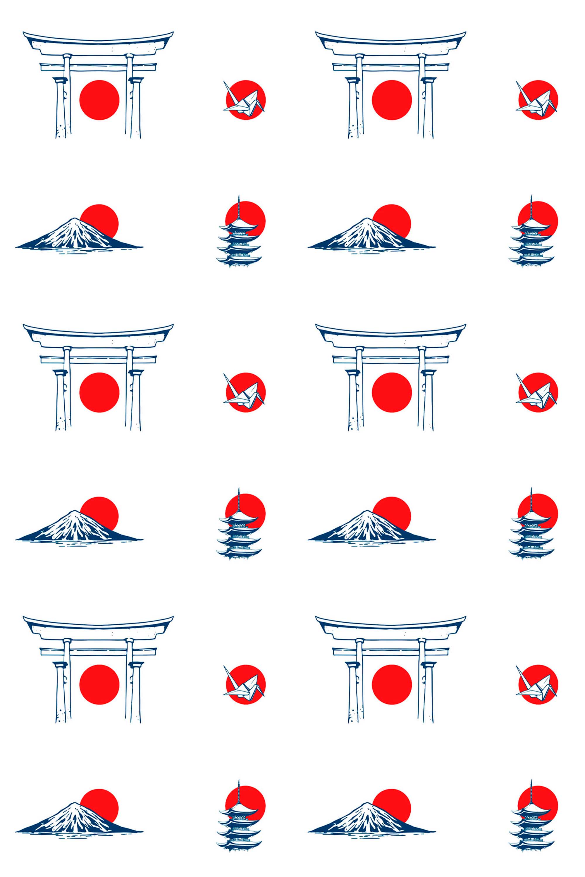 Fancy Walls self-adhesive wallpaper featuring white background with Japanese icons and rising sun motifs