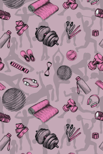 Woman Fitness peel and stick wallpaper with pink gym equipment and workout silhouettes, perfect for home gym décor