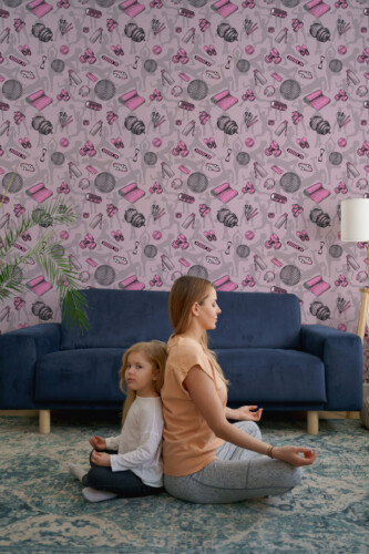 Woman Fitness peel and stick wallpaper with pink gym equipment and workout silhouettes, perfect for home gym décor