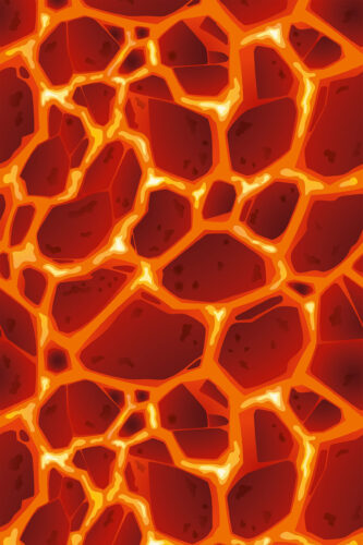 Bold Red Lava Cracks removable wallpaper with glowing orange fissures across deep red rock-like shapes in an all-over pattern.