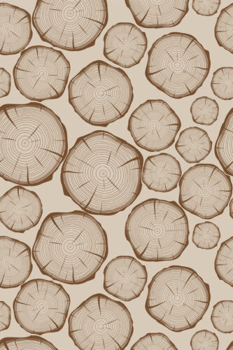 Bold Beige Wood Slice Look shows scattered wood slice cross-sections with brown ring lines on a warm beige removable wallpaper.