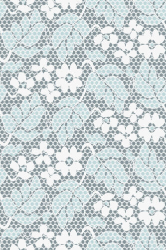 Fine Blue Lace Floral removable wallpaper with white lace-like floral silhouettes over a pale blue and gray honeycomb pattern.