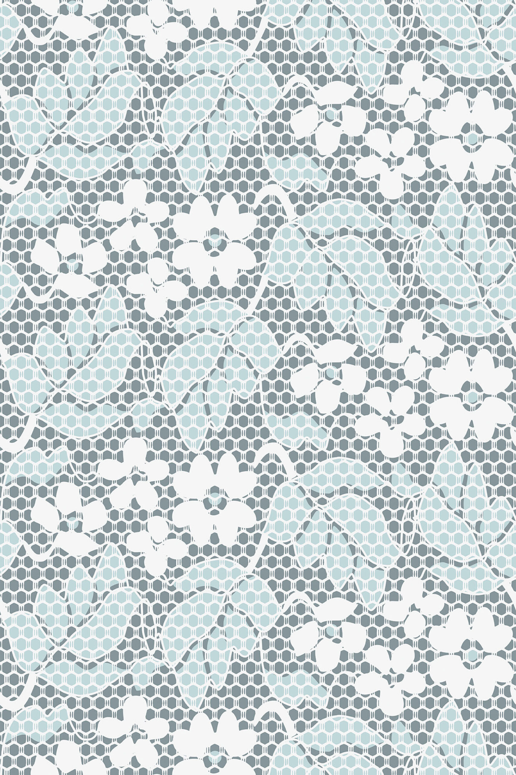 Fine Blue Lace Floral removable wallpaper with white lace-like floral silhouettes over a pale blue and gray honeycomb pattern.