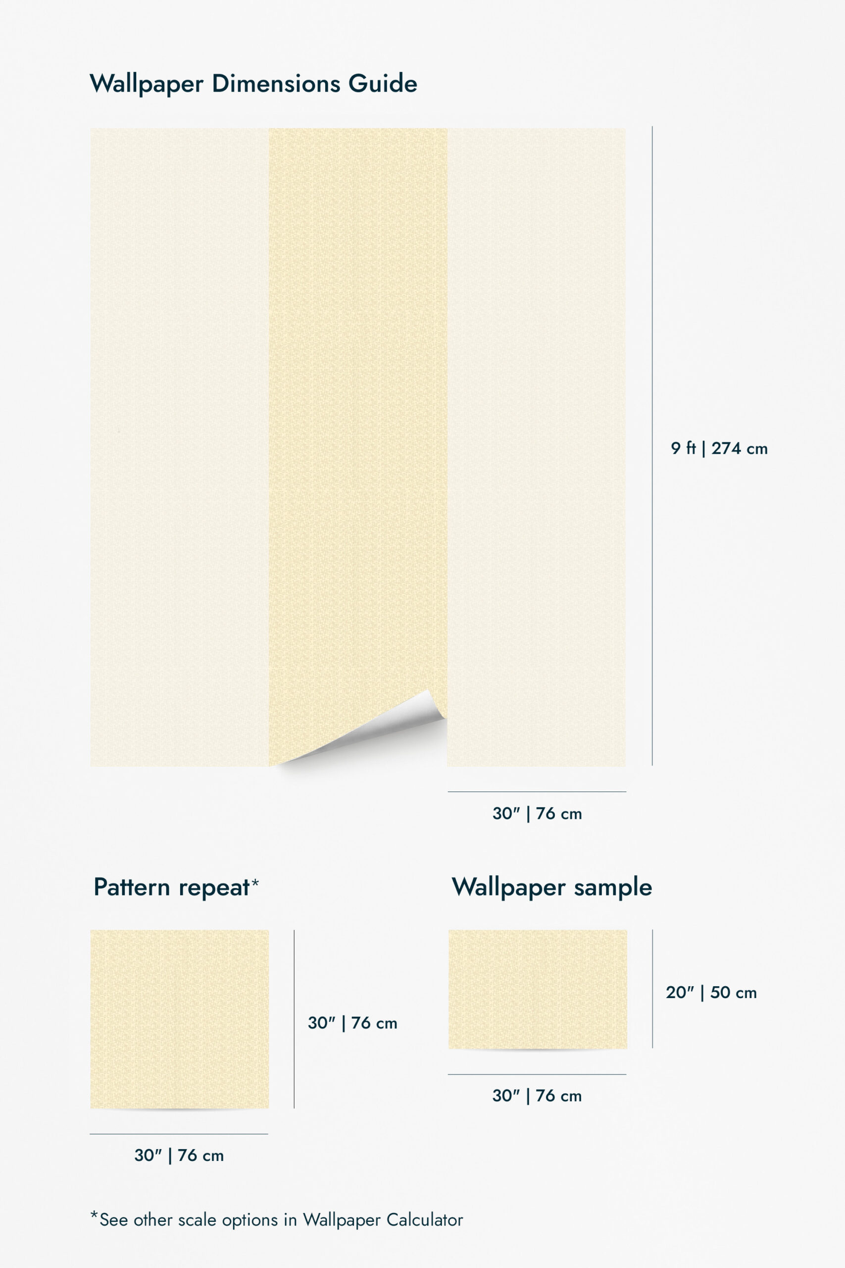 Fine Beige Fabric Look shows a soft woven texture in the wallpaper for walls, with a dimensions guide for 9 ft by 30 in panels.