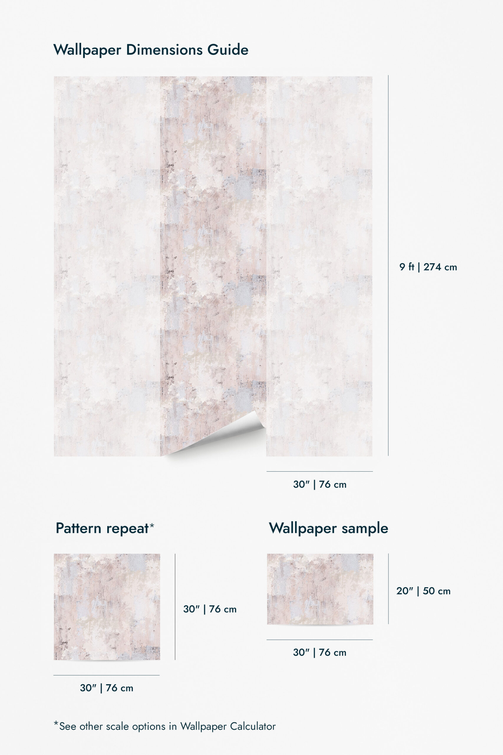 Soft Blush Wash shows a pale pink and gray watercolor texture on wallpaper for walls, with a dimensions guide for the roll.