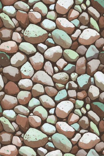 Dense Brown Stone Look removable wallpaper with an all-over pebble and rock pattern in warm browns, beige, and mint.