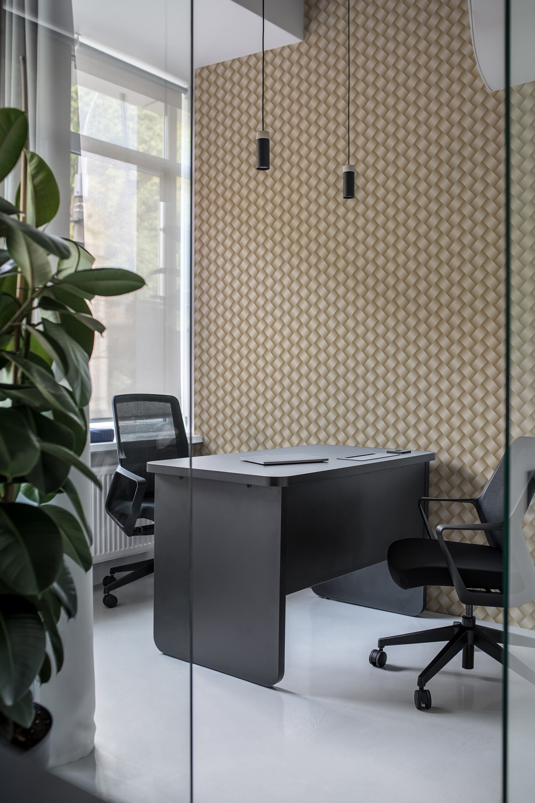 Beige Art Deco Braided Look non-pasted wallpaper with a woven pattern on the office accent wall behind a desk.
