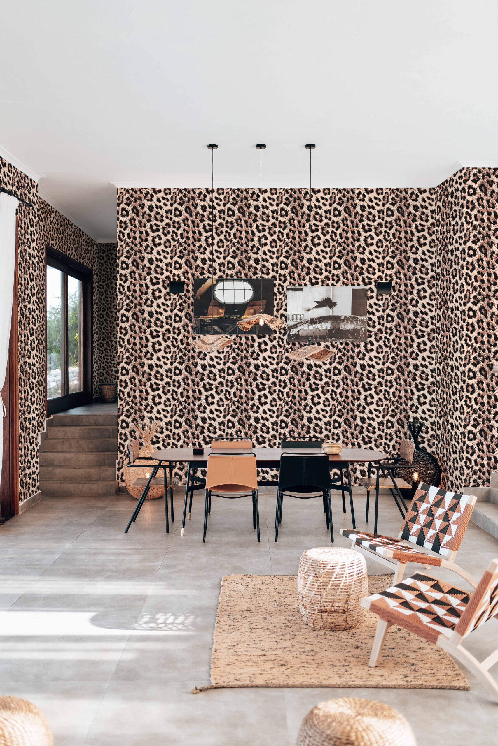 Bold Leopard Print Imitation self-adhesive wallpaper with an all-over leopard print covering the dining room walls.