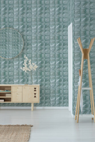 Teal Tile Look peel and stick wallpaper with a glossy square tile pattern covering the wall behind a console and coat rack.