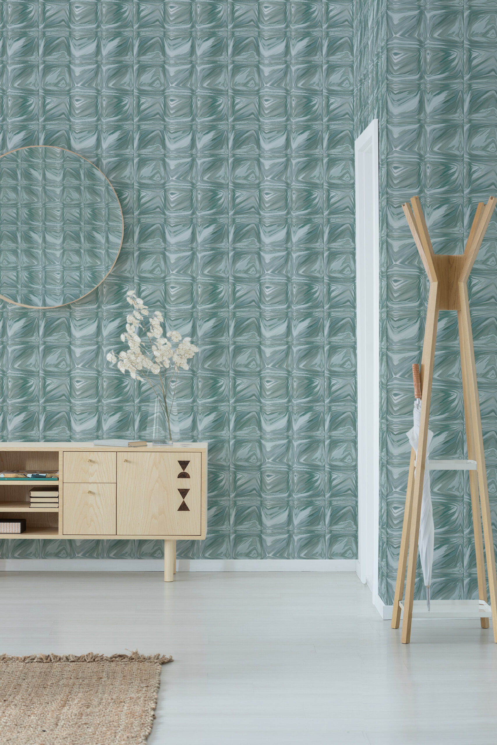 Teal Tile Look peel and stick wallpaper with a glossy square tile pattern covering the wall behind a console and coat rack.