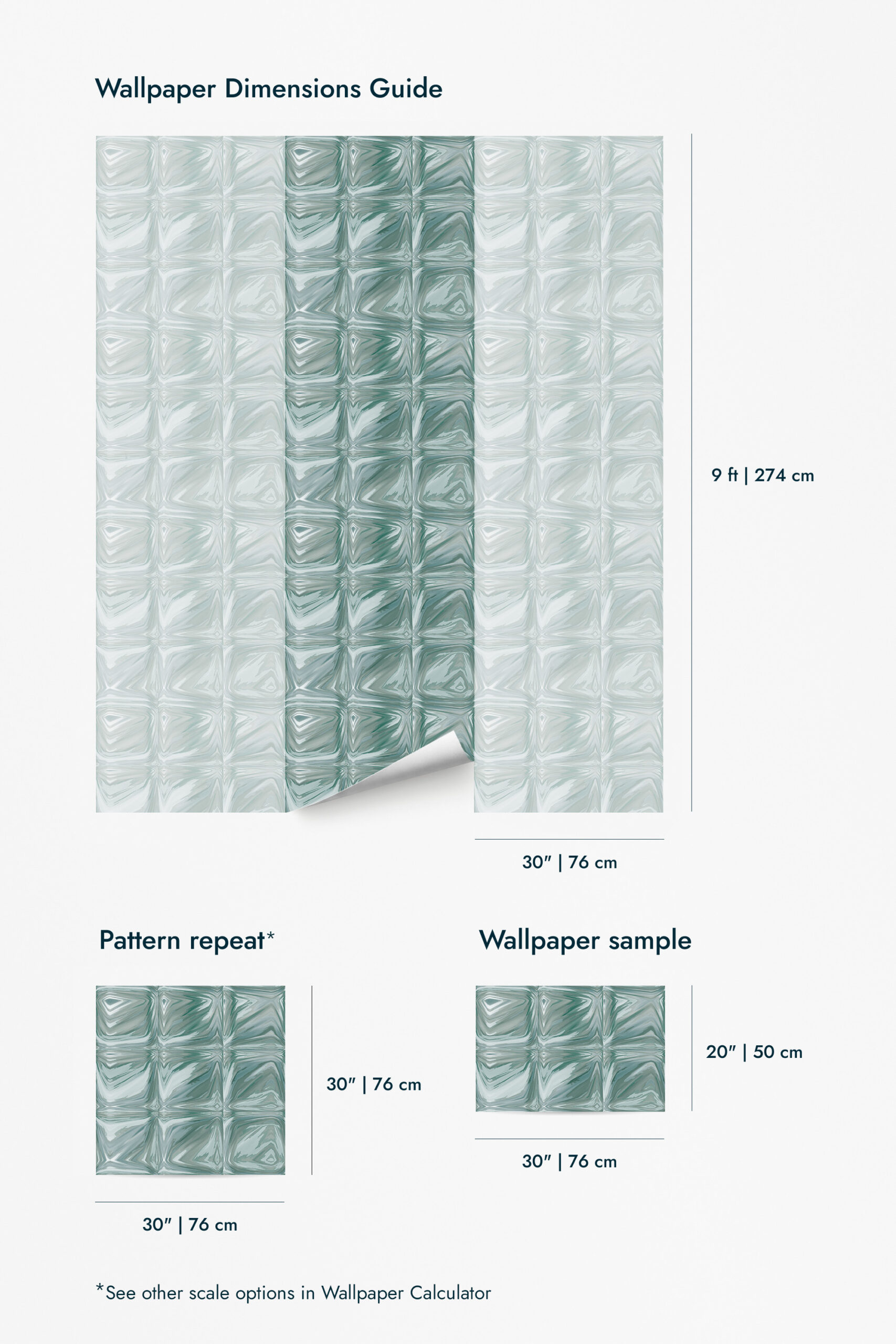 Teal Tile Look shows glossy teal square tiles on wallpaper for walls, with a dimensions guide for 9 ft by 30 in panels.