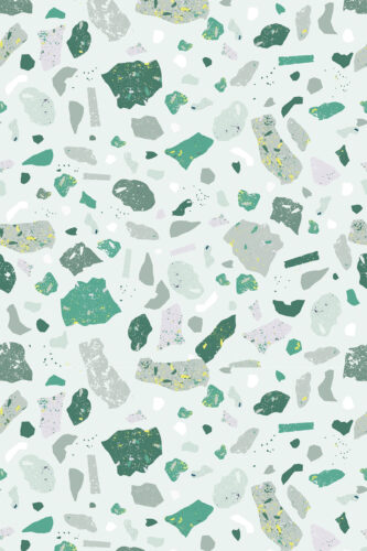 Faux Green Terrazzo removable wallpaper with scattered green, gray, and white terrazzo chips on a pale mint background.