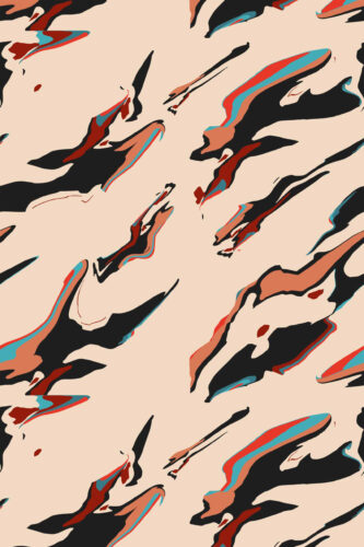 Liquid Ink Mirage with sweeping black and coral brushstroke forms and teal accents, shown as removable wallpaper.