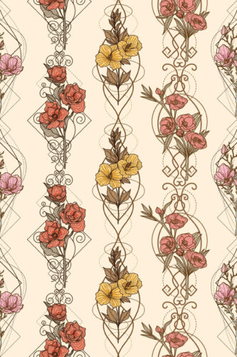 Floral Symphony removable wallpaper with vertical art deco scrollwork and pink and amber flowers on a cream background.