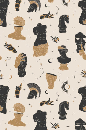 Boho Celestial Statue peel and stick wallpaper with black and tan statues, stars, crescent moons, and constellation lines on cream.