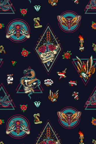 House of Tattoo Icons removable wallpaper with classic tattoo-style skulls, snakes, moths, roses, and daggers on a navy background.