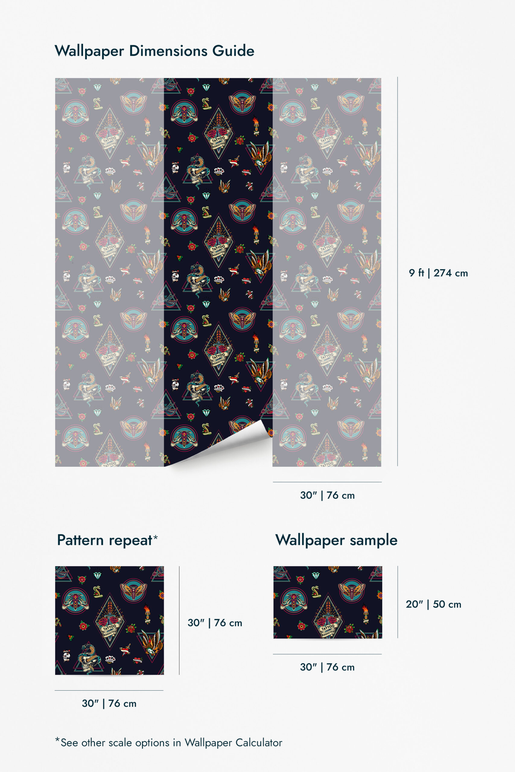 House of Tattoo wallpaper for walls shown in a dimensions guide with sample panels and repeating tattoo-style icons on navy.