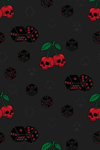 Skull Cherry Jackpot removable wallpaper with red skull cherries, black dice, and faint card suit icons on a dark background.