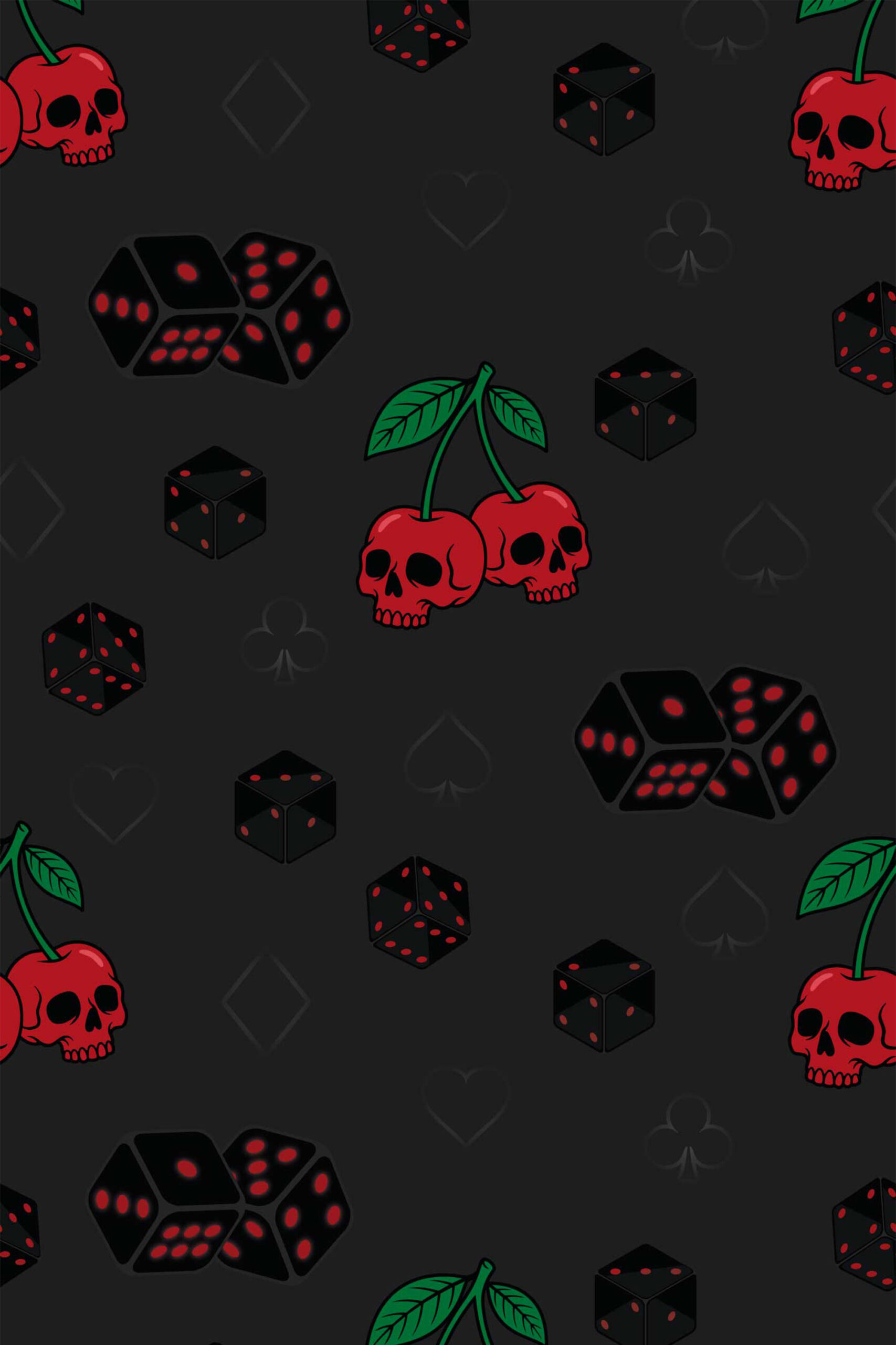 Skull Cherry Jackpot removable wallpaper with red skull cherries, black dice, and faint card suit icons on a dark background.