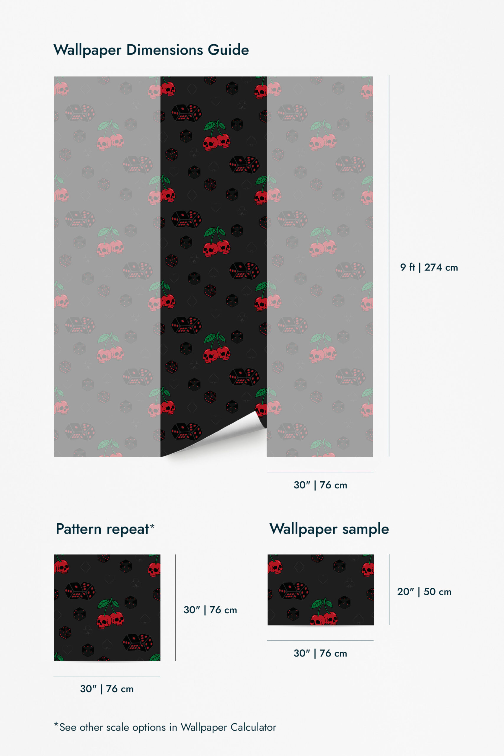 Skull Cherry Jackpot wallpaper for walls shown as a 9 ft by 30 in panel with skull cherries and dice on a dark background.