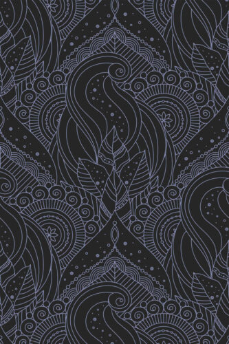 Astral Botanical Elegance removable wallpaper with pale gray leaf outlines, scrollwork, and dotted details on a black background.