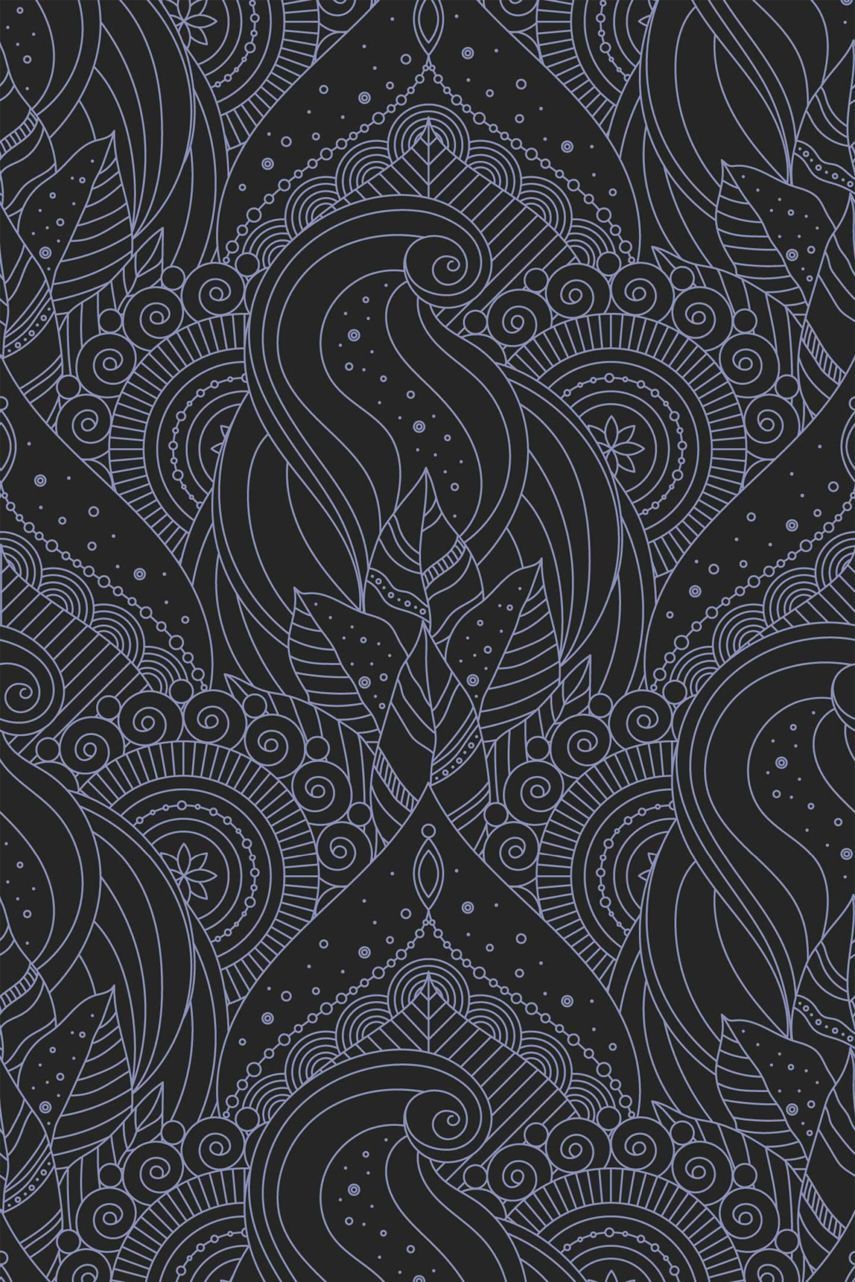 Astral Botanical Elegance removable wallpaper with pale gray leaf outlines, scrollwork, and dotted details on a black background.