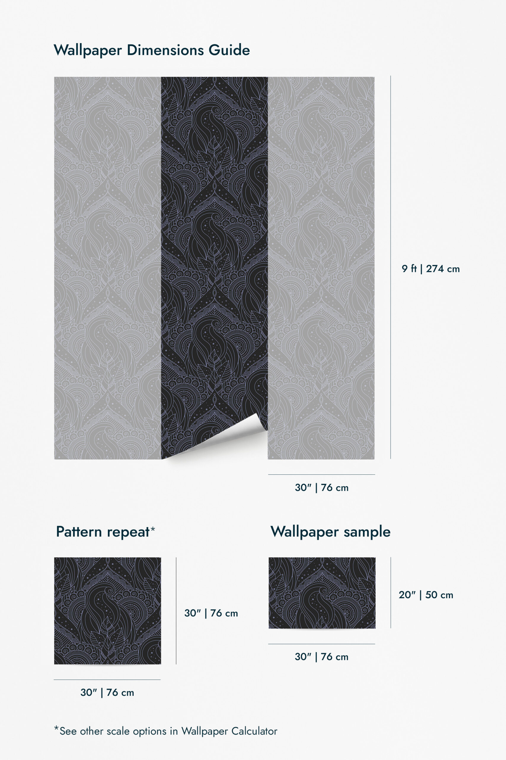 Astral Botanical Elegance wallpaper for walls shown in a dimensions guide with 9 ft by 30 in panel size and a 30 in repeat.