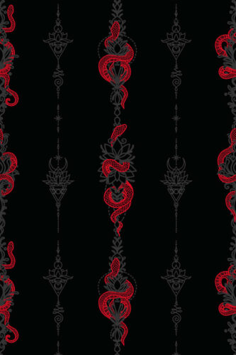 Serpent Alchemy shows red serpents winding through gray ornamental columns on black, printed as removable wallpaper.