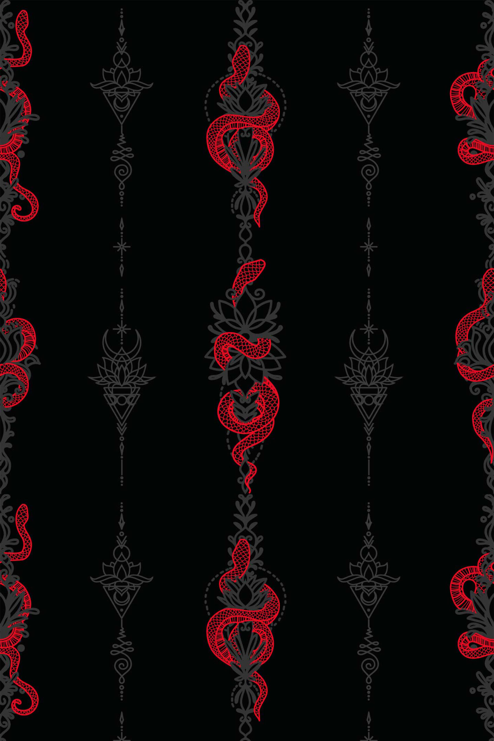 Serpent Alchemy shows red serpents winding through gray ornamental columns on black, printed as removable wallpaper.