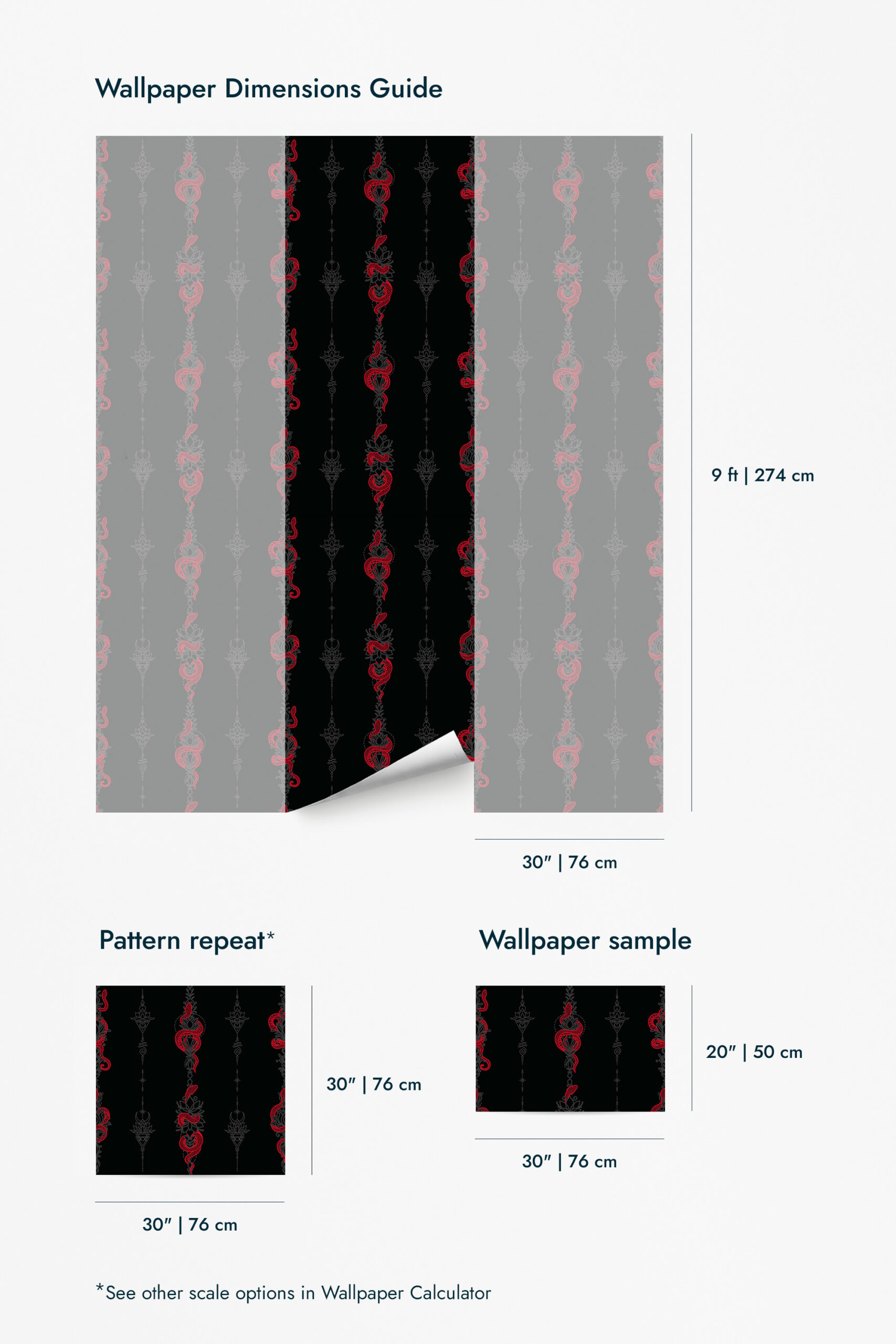 Serpent Alchemy shows wallpaper for walls with vertical red snakes and ornate linework on a black background in the dimensions guide.