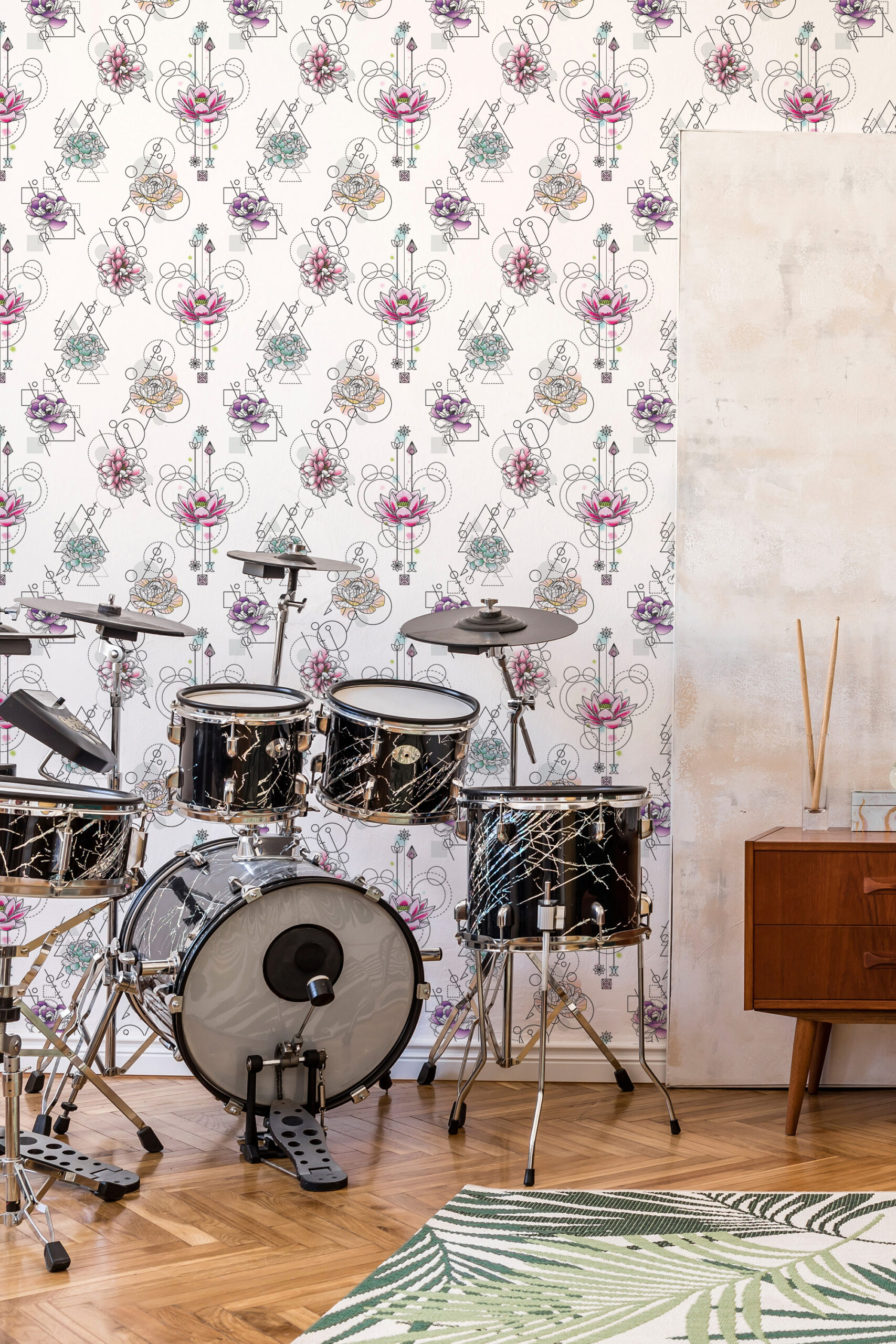 Modern Floral Geometry pre-pasted wallpaper with colorful floral sketches and fine geometric lines on a light backdrop.