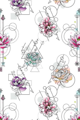 Modern Floral Geometry removable wallpaper with pink, purple, teal, and peach flowers over fine black geometric circles and lines.