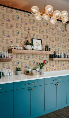 Vintage Brown Recipe Bird peel and stick wallpaper with recipe pages, colorful birds, and floral accents across the wall.