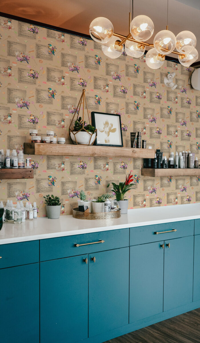 Vintage Brown Recipe Bird peel and stick wallpaper with recipe pages, colorful birds, and floral accents across the wall.