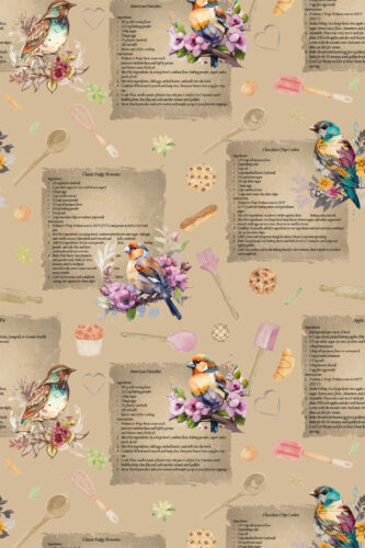 Country Recipe Birds removable wallpaper with scattered recipe cards, birds on branches, and baking tools on a tan background.