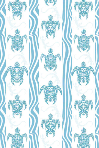 Bold Blue Turtle removable wallpaper with teal tribal sea turtles on a white background and flowing blue wave stripes.