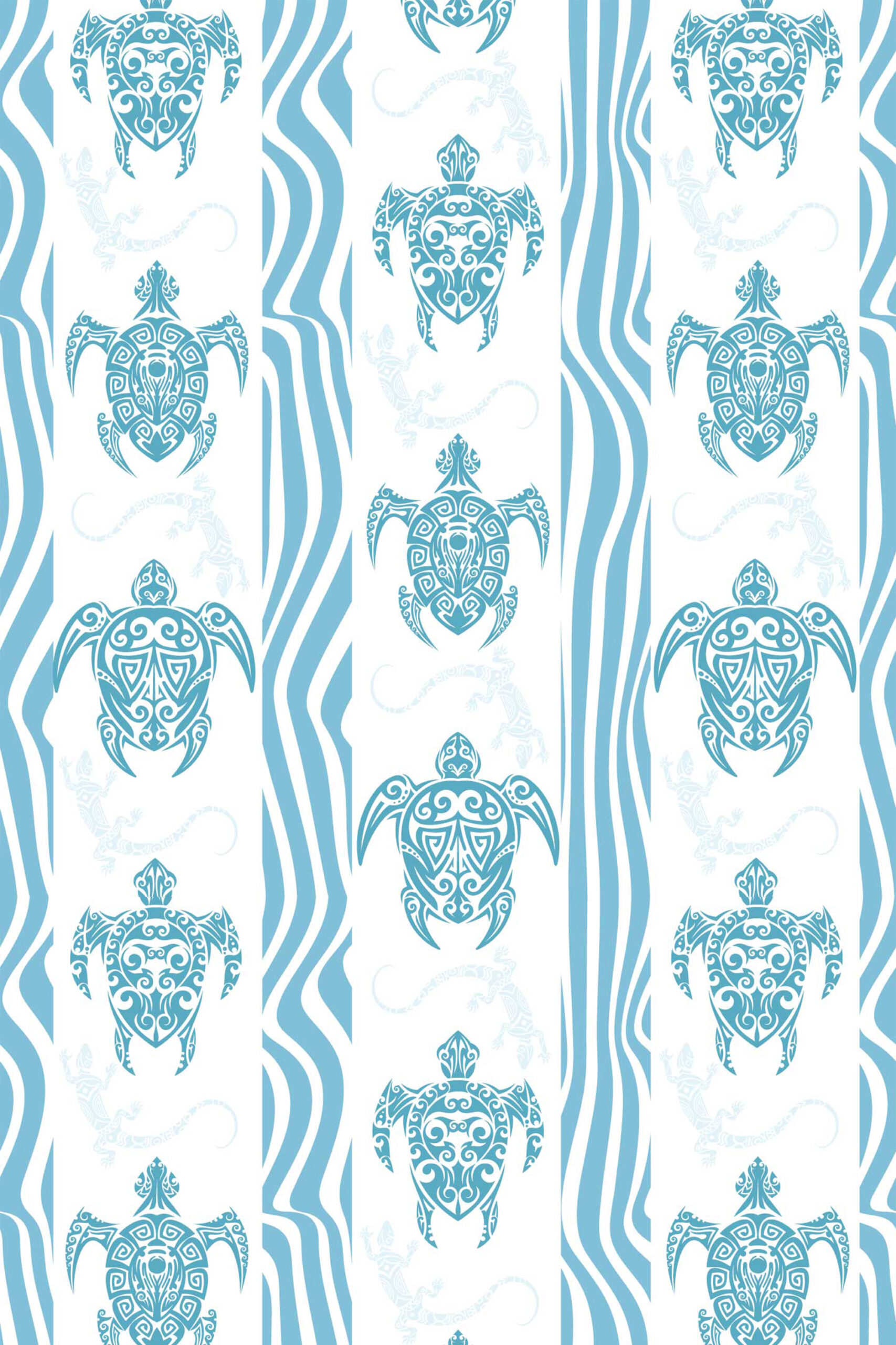 Bold Blue Turtle removable wallpaper with teal tribal sea turtles on a white background and flowing blue wave stripes.